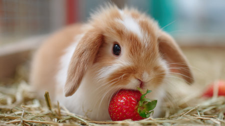A young bunny sits comfortably among straw, happily nibbling on a ripe strawberry. The warm atmosphere and gentle light highlight the bunny's fluffy fur and playful demeanor.の素材