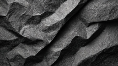 Crumpled black paper presents a dynamic surface with deep shadows and folds. This texture adds depth and interest for artistic applications in design, photography, and crafting.の素材
