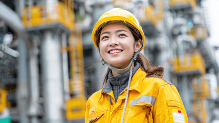 A young woman in bright yellow safety gear stands confidently at a busy industrial location, smiling as she looks at the equipment around her. The sun shines brightly on her helmet.の素材