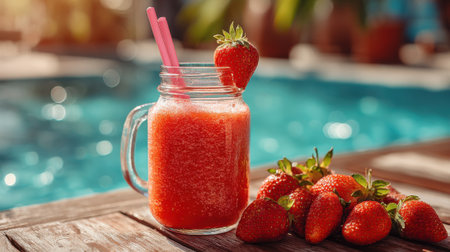 A refreshing strawberry smoothie in a clear jar rests on a wooden table next to ripe strawberries. The vibrant pool serves as a backdrop on a bright sunny day, creating a relaxing atmosphere.の素材
