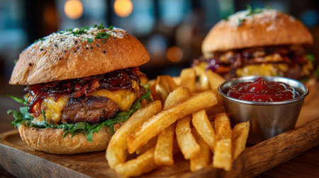 Two delicious burgers topped with cheese and barbeque sauce are served alongside golden fries and a small cup of ketchup in a warm restaurant atmosphere during the evening.の素材