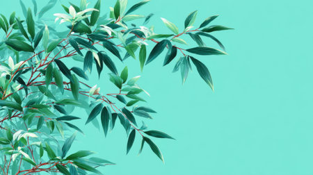 Vivid green leaves with delicate branches are displayed against a calming turquoise backdrop, offering a refreshing and vibrant atmosphere for various creative projects.の素材