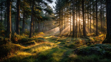 Rays of sunlight penetrate the tall trees in a tranquil forest during morning hours, creating a peaceful atmosphere among lush green grass and foliage.の素材