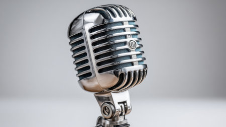A vintage microphone stands prominently in a minimalist setting, showcasing its polished metal finish. This iconic design is perfect for music recordings and performances.の素材