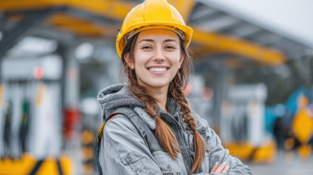 Smiling woman wearing a hard hat stands with crossed arms at a construction site. The environment features various construction machinery and equipment under a gray sky.の素材