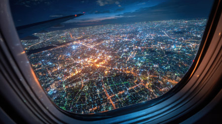 Bright city lights illuminate the urban landscape below as seen from an airplane window. The bustling metropolis is alive with activity during a clear night, showcasing its vibrant atmosphere.の素材