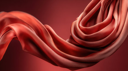 Silk fabric drapes elegantly in the air, creating smooth curves and soft folds against a warm red background. The light enhances its rich texture and sheen, showcasing artistic design.の素材