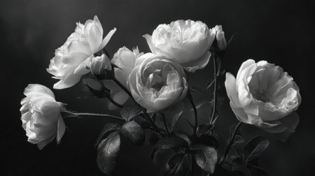 A bouquet of white roses captures attention with their delicate petals and rich textures, set against a dark background that enhances their beauty and elegance.の素材