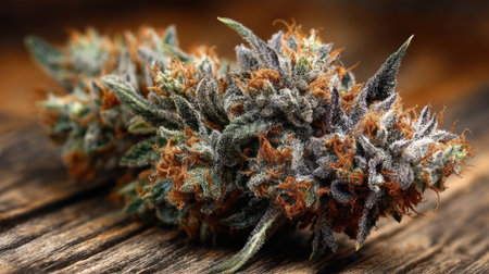 A detailed view of a cannabis bud resting on a rustic wooden surface. The plant displays rich green colors with hints of orange and purple, highlighting its natural beauty and texture.の素材