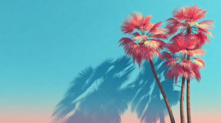 Two vibrant palm trees with pink fronds stand tall against a clear blue sky. Their shadows spread gracefully on the soft ground below, creating a striking tropical vibe.の素材