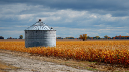 A weathered grain silo rises among golden cornfields, capturing the essence of rural farming life. Bright autumn colors contrast the gray, cloudy sky, signaling seasonal change.の素材