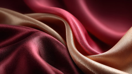 Luxurious silk fabric flows gracefully with rich burgundy and golden tones. The smooth surface captures light, creating a soft, inviting ambiance in the setting.の素材
