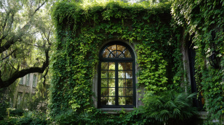 A beautiful window framed by vibrant green vines creates a peaceful atmosphere in a serene garden. Sunlight filters through the leaves, highlighting nature's charm and tranquility.の素材