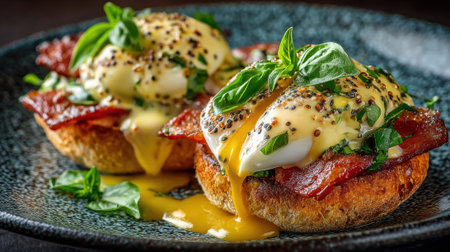 Delicious eggs benedict features poached eggs on toasted bread with crispy bacon, topped with rich hollandaise sauce and fresh herbs. Enjoyed during brunch in a warm atmosphere.の素材