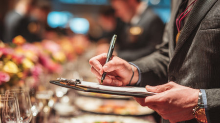 A well-dressed event coordinator is jotting down notes while overseeing a beautifully arranged table during a formal gathering at a banquet hall. The setting is vibrant and sophisticated.の素材