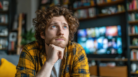 A young man sits on a couch in a comfortable living room, gazing thoughtfully at a television screen. The warm atmosphere is enhanced by bookshelves and soft lighting.の素材