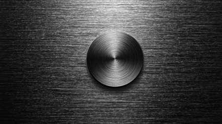 A circular metallic object is centered on a textured surface, displaying unique patterns and reflections. Soft lighting enhances the details of the metallic finish, creating depth.の素材