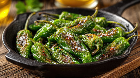 Fresh green peppers are sauteed to perfection in a cast iron skillet, sprinkled with seasoning, and served warm, ideal for summer parties or gatherings.の素材