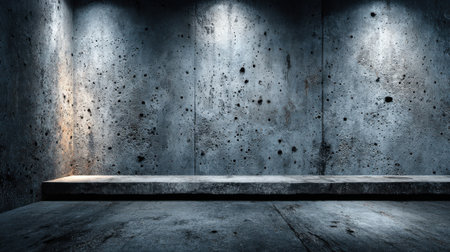 Empty concrete room features rough textures illuminated by warm lights, creating a stark contrast in a minimalist environment. Ideal for artistic or architectural purposes.の素材