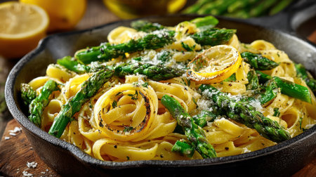 A delightful pasta dish featuring fresh asparagus and lemon slices, garnished with herbs and cheese, presented in a cast iron skillet on a rustic wooden surface.の素材