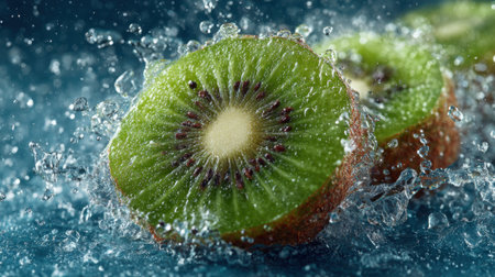 Slices of fresh kiwi burst through water, creating a lively splash. The bright green fruit contrasts with the blue backdrop, showing their juicy texture and inviting freshness.の素材