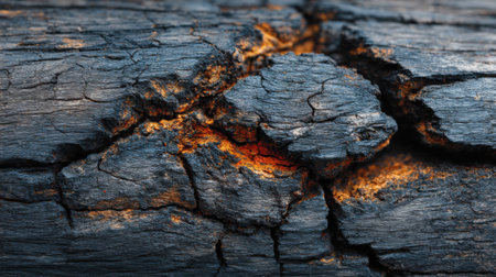 A detailed depiction of charred wood showing intricate cracks and deep colors. The wood's surface features textures revealing a history of fire damage under bright sunlight.の素材