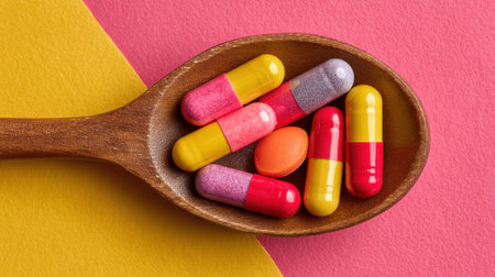 A wooden spoon holds a variety of colorful capsules, showcasing reds, yellows, and purples against an orange and pink backdrop. The scene highlights health and wellness themes.の素材