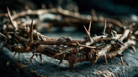 A crown made of sharp, intertwined thorns rests on a rough, dark surface, symbolizing themes of sacrifice, pain, and redemption. The texture and shadows enhance its powerful presence.の素材