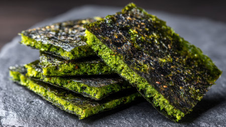 Crispy seaweed snacks are stacked on a dark stone plate, highlighting their rich green color and textured surface. These treats offer nutritional benefits and unique flavor.の素材