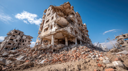 Crumbling structures are surrounded by debris in a war-torn cityscape. The sky is bright blue, highlighting the extent of devastation from recent conflicts.の素材
