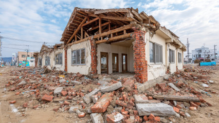 A town affected by a natural disaster shows a heavily damaged building, surrounded by debris and rubble. The sky is cloudy, and destruction is evident throughout the area.の素材