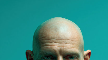 A close-up view of a bald head set against a vibrant turquoise backdrop. The image highlights skin textures and the smooth contours of the scalp under soft lighting.の素材