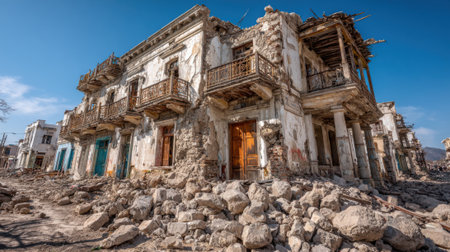 A decrepit historic structure shows severe damage, with crumbling walls and debris scattered around. The bright sky contrasts with the destruction, depicting a once-vibrant site.の素材