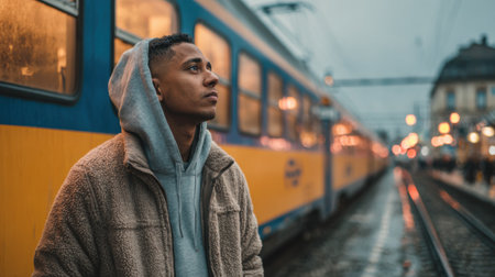A young man in casual attire stands at a tram station under a gray sky, deep in thought as raindrops create a reflective atmosphere. Tram lights illuminate the surroundings, enhancing the mood.の素材