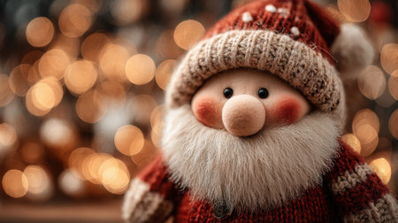 A delightful handmade Santa figure smiles warmly, adorned in a red and white outfit with a cozy hat, surrounded by soft golden lights to enhance the Christmas cheer.の素材