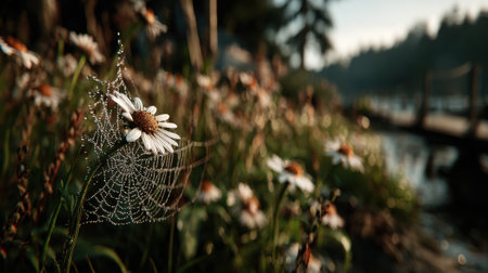 Morning light casts a warm glow on daisies adorned with delicate dew drops and a spider web by the tranquil lakeside, creating a peaceful nature scene.の素材