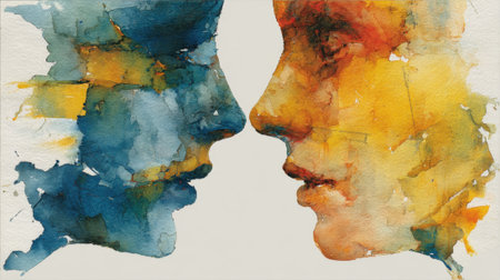 Two abstract faces merge in stunning watercolor hues of blue and orange. The artwork captures a moment of emotional connection and artistic expression in a creative workspace.の素材