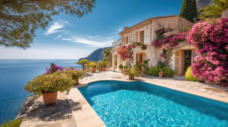 A stunning villa features a bright blue pool surrounded by colorful flowers. The ocean sparkles in the background under a clear sky. This peaceful retreat is ideal for relaxation and enjoying nature.の素材