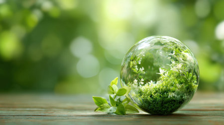 Delicate glass round holds vibrant greenery and blooms capturing natures beauty indoors in soft light.の素材