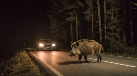 A wild boar walks across a dimly lit road at night, with trees lining the sides. A car approaches, its headlights illuminating the scene, creating a dramatic atmosphere in the forested area.の素材