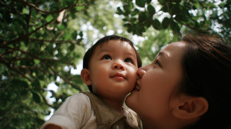 A mother gently kisses her young child while they stand among vibrant green leaves on a sunny day in the park, creating a warm and joyful moment together.の素材