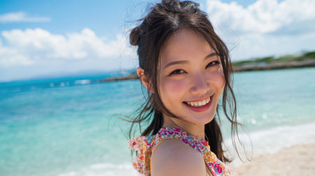 A woman stands on the sandy beach, smiling brightly while the sun shines down. The turquoise waves gently lap at the shore under a vibrant blue sky.の素材