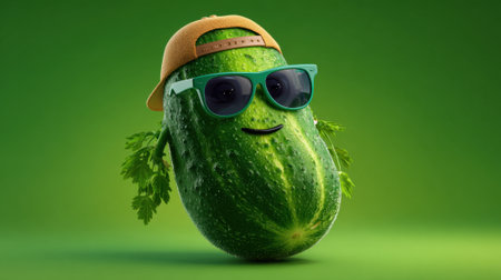 A lively cucumber sporting sunglasses and a cap smiles while surrounded by a bright green backdrop.の素材