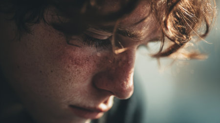 A young person with curly hair and freckles gazes downward, deep in thought. The soft lighting highlights their facial features, conveying a moment of reflection.の素材