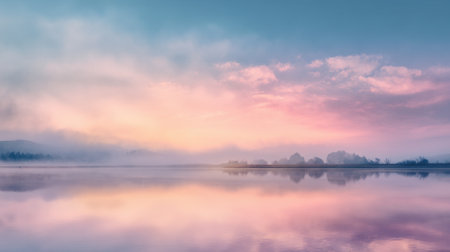 Calm waters reflect soft pastel colors as the morning mist embraces the landscape.の素材