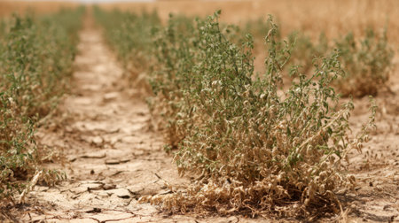 Dry soil shows cracked patterns while wilting plants struggle for life under harsh sunlight.の素材