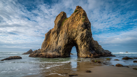 Large rock formation rises dramatically from the sandy beach, surrounded by gentle waves. The sky is partly cloudy, creating a serene and picturesque scene at sunset.の素材