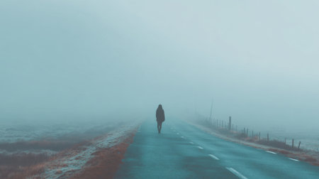 A lone figure walks down a deserted road enveloped in thick fog. The early morning light barely cuts through the mist, creating a surreal atmosphere in the tranquil setting.の素材