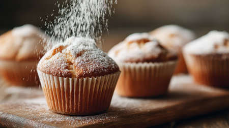 Muffins are placed on a wooden board as powdered sugar is sprinkled over them. The warm baked goods have a golden crust and a soft texture, creating a delicious dessert setting.の素材