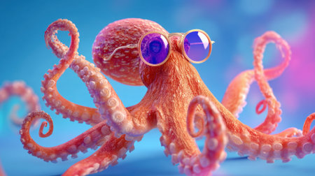 A colorful octopus floats gracefully in a lively underwater scene. It sports sleek sunglasses, adding a fun touch to its playful demeanor against a bright blue backdrop filled with bubbles.の素材